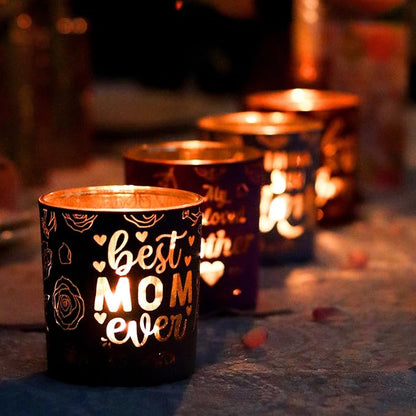 SHMILMH Thanksgiving for Mom from Son Daughter, Mothers Day Table Decoration 4 PCS, Glass Candle Jar Votive Candle Holder for Mother's Birthday Party Decor