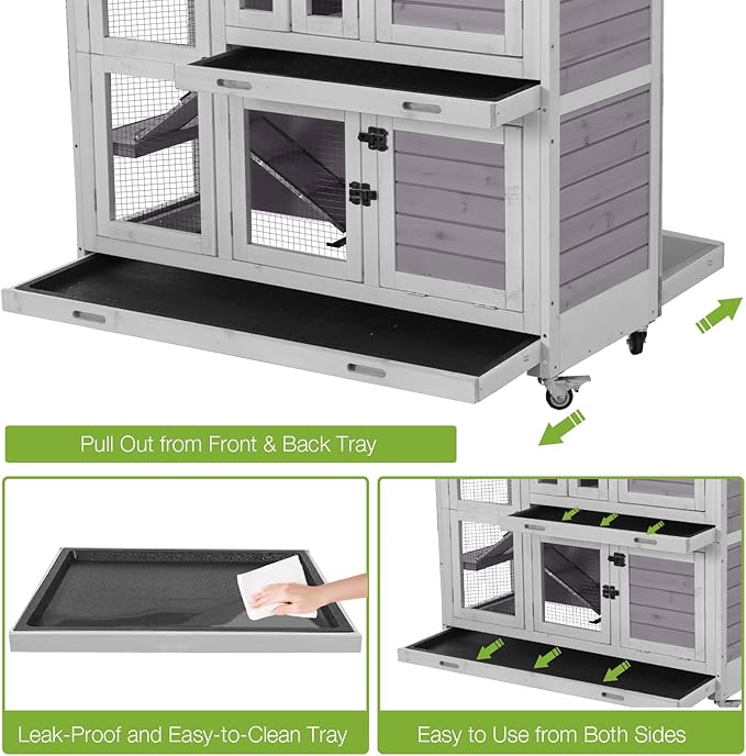 GUTINNEEN Large Rabbit Hutch Indoor with Chew-Proof Ramp, 47" Wooden Bunny Cage Guinea Pig Cages with Casters, Leak-Resistant Trays for Rabbits, Guinea Pigs, Small Animals-Mewly Pet