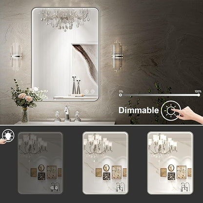 28x36 Inch LED Mirror for Bathroom,Brushed Sliver Metal Frame Lighted Vanity Mirror, Anti Fog Stepless Dimmable,Wall Mounted(Horizontal/Vertical)