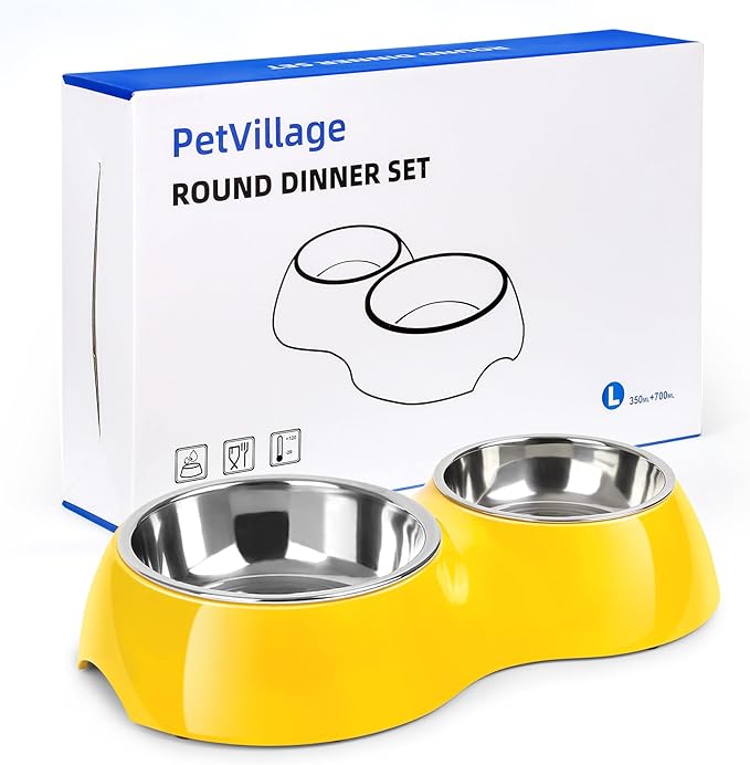 Elevated Dog Bowls Set - Non-Slip Raised Pet Feeder with Medium (2 Cups) & Large (4 Cups) Stainless Steel Bowls - Includes Durable Resin Stand for Puppies, Adult Dogs & Cats - Yellow-Mewly Pet