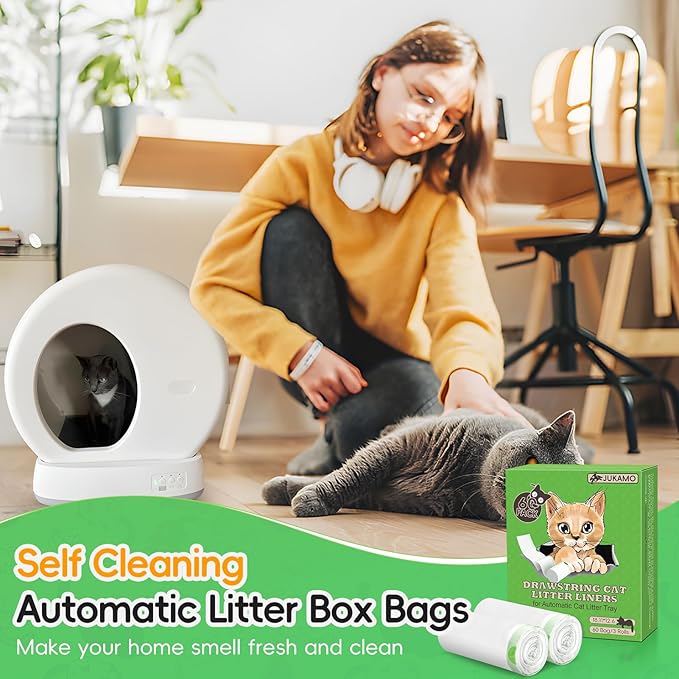 60 Pack Cat Litter Box Liners for Meo Want SC01, MW-SC02, MW-LR01,1.5 Mil Thick Drawstring Heavy Duty Leak-proof Disposable Smart Self-Cleaning Litter Box Robot Waste Drawer Trash Bags 18" x 12.6"-Mewly Pet