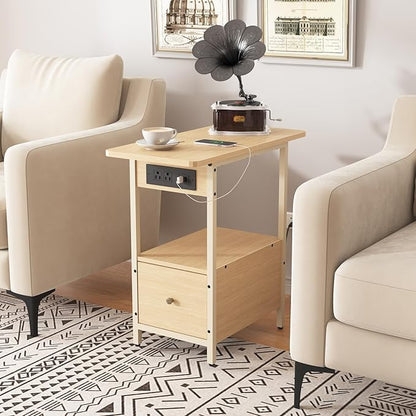LIDYUK End Table with Charging Station, Narrow Side Table with Drawer and USB Ports & Power Outlets, Nightstand Bedside Tables for Small Spaces, Bedroom, Living Room, Natural