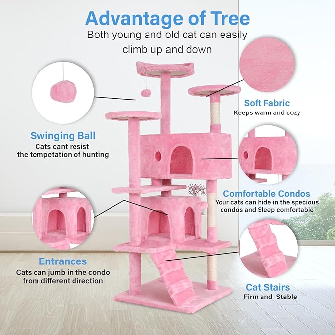 FDW Cat Tree 54in Cat Tower Multi-Level Durable Cat Scratching Post & Cozy Fun Cat Jumping Platform Space Saving Cat Condo Pet Play House for Indoor Cats,Pink-Mewly Pet