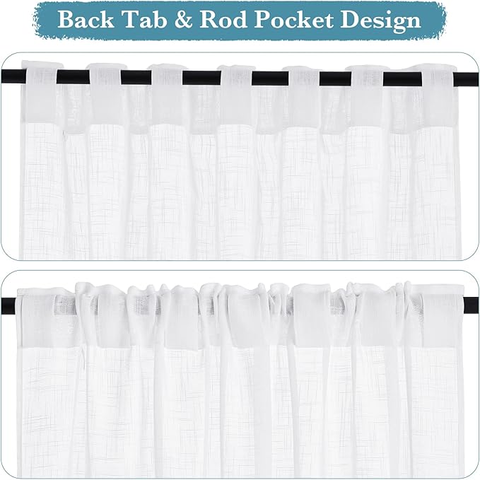 RYB HOME White Curtains & Drapes - Linen Textured Semi Sheer Curtains Privacy Panels for Living Room Bedroom Dining Bathroom Farmhouse Large Bay Window Decor, W 70 x L 95, 2 Pcs