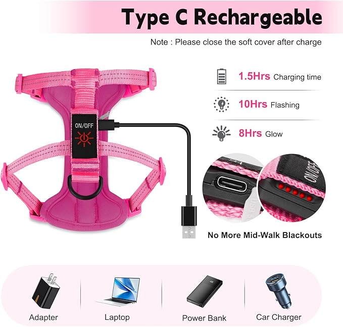 Rechargeable Light Up Dog Harness for Small Dogs – Adjustable LED Dog Vest with Reflective Strips, No Pull Glow in The Dark Puppy Harness for Night Walking Safety-Pink-Mewly Pet