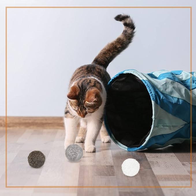 LEIFIDE 12 Pieces Real Rabbit Fur Pom Pom Kitty Cat Toy Fluffy Cat Balls Soft Fuzzy Balls for Kitty Pets Kitten Chase Quiet Play, 3 Inches in Diameter(Gray, Coffee, White)-Mewly Pet