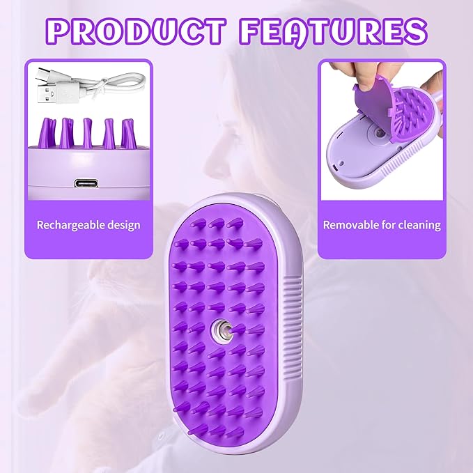 Spritz Defur Comb for Cats, New 3-in-1 Cat Steam Brush for Massaging and Cleaning Shedding Pets, Comb for Long and Short Hair Cats and Dogs Grooming Tool (Purple)-Mewly Pet
