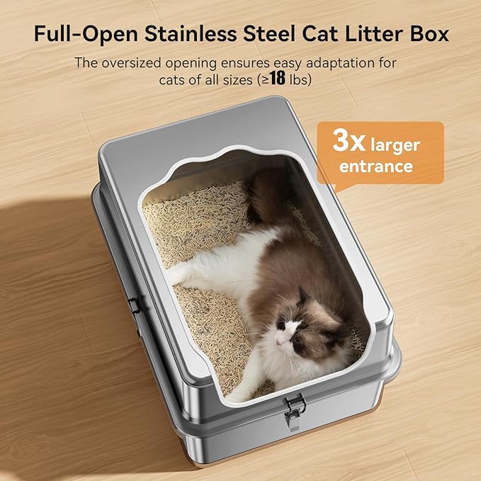 All-Metal 28" Extra Large Stainless Steel Cat Litter Boxes with Lid Metal Cat Litterbox Pan for Big Cats and Multiple Cats, Anti-Leakage, Easy Cleaning, Include Scoop-Mewly Pet