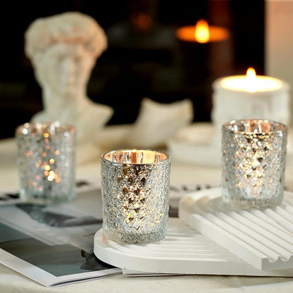 Homemory 12 Pack Silver Glass Votive Candle Holders, Tealight Candle Holder, Vintage Candle Holders Bulk for Table Centerpieces, Christmas, Baby Showers, Birthday, Wedding, Party