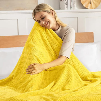 Exclusivo Mezcla Fleece Bed Blanket Twin Size, Super Soft and Warm Blankets for Couch, Sofa and Bed Waffle Textured, Cozy, Fuzzy and Lightweight (Vibrant Yellow, 90x66 Inches)