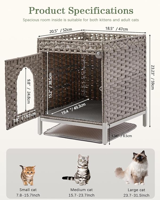 Cat Litter Box Enclosure Hidden Litter Box Furniture with Metal Heightened Feet, Rattan Handwoven Cat House with Litter Mat, Hidden Litter Box Furniture for Bedroom Living Room Gray-Mewly Pet