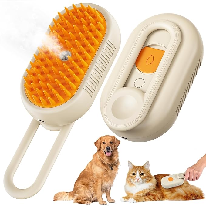 Cat Steam Brush for Shedding, 2025 New 3 in 1 Cat Brushes for Indoor Cats, Pet Steam Groomer Comb, Hair Water Brush Hair Removal Comb for Cats Dogs (Khaki)-Mewly Pet
