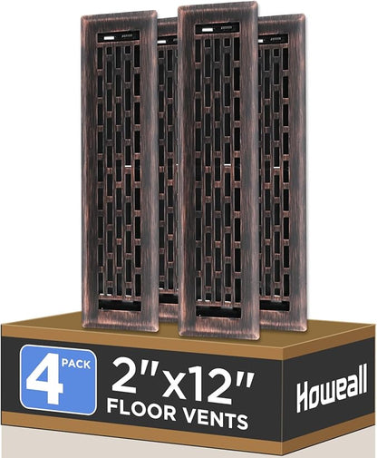2x12 Inches 4 Pack Heavy Duty Walkable Floor Register - Easy Adjust Air Supply Lever Decorative Floor Vent Covers, Boston Design Vent Covers for Home - Oil Rubbed Bronze
