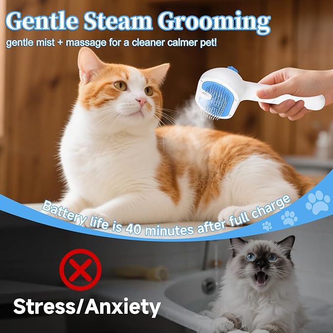 Pet Steam Brush for Dog & Cat - 3-in-1 Steam Grooming Brush for Shedding & Hair Removal - Self Cleaning Spray Comb with Mist for Long Haired Pets - Includes 2*Waterless Shampoo, Blue-Mewly Pet