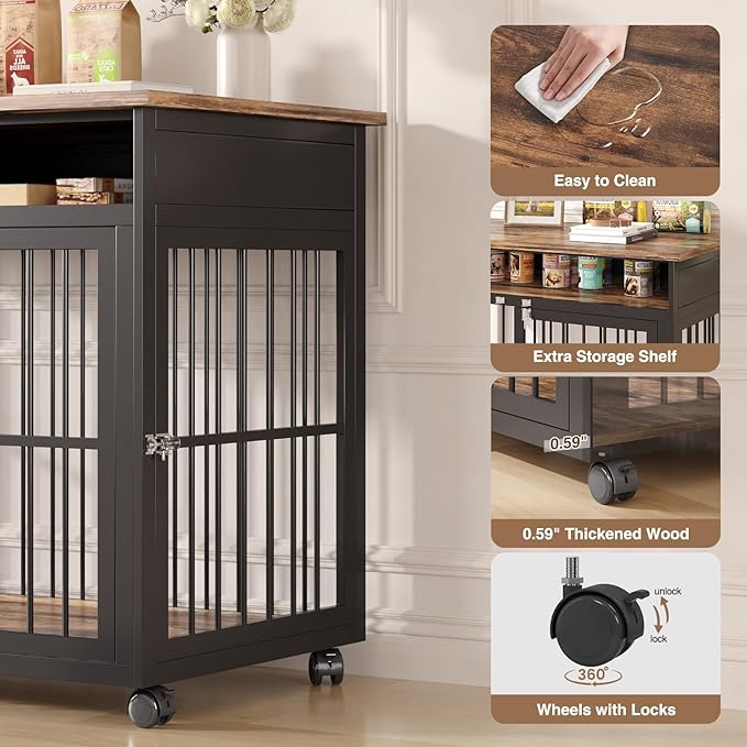 39.4" Dog Crate Furniture for Medium and Large Breed, Dog Kennel Furniture with Storage Shelf & Lockable Wheels, Heavy Duty Wooden End Side Table Pet Cage Indoor, Chew-Resistant, Brown-Mewly Pet