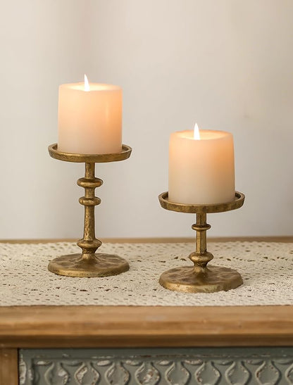 NUPTIO Gold Candle Holders for Pillar: Antique Brass Cast Iron Candleholder for 3 Inch Pillars -Heavy Metal Candle Stand for Christmas Party Table Decor