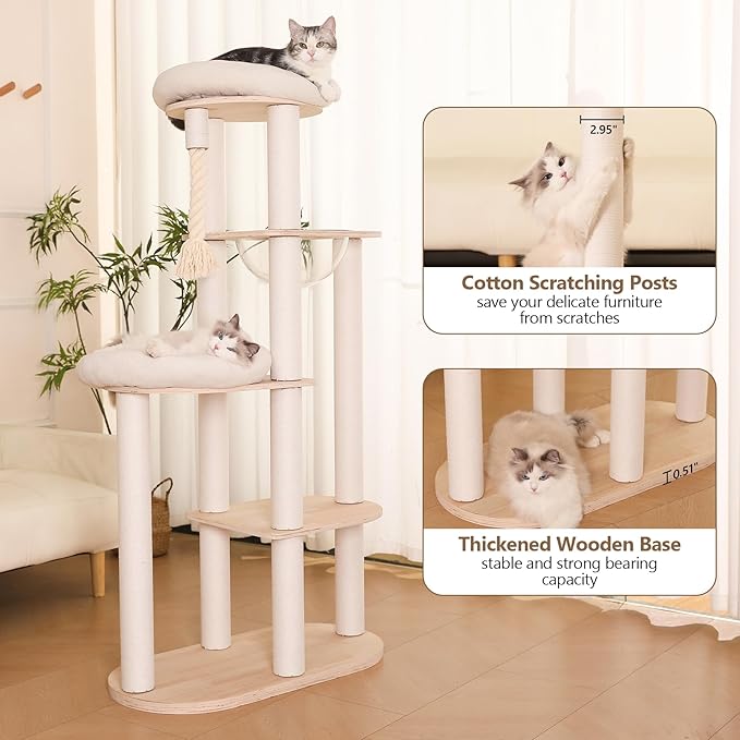 59" Modern Cat Tree Multi-Level Large Cat Tower Heavy Duty Cat Tree with Hammock,Cotton Scratching Post and Washable Cushions-Mewly Pet