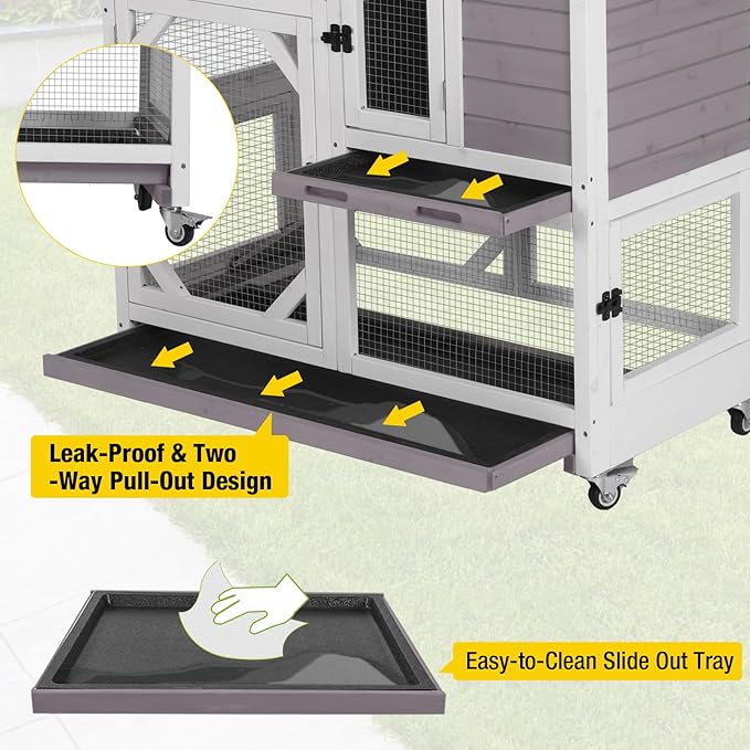 AIVITUVIN 2-Story Rabbit Hutch Indoor for 2-4 Rabbits & Guinea Pigs Wooden Small Animal Cage Guinea with Chew-Proof Design & Slide-Out Trays Bunny Cage with Lockable Wheels-Mewly Pet