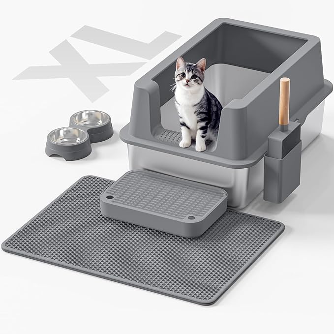 Stainless Steel Cat Litter Box - Enclosed XL Metal Kitty Litter Box with Lid for Big Cats, High Sided, Anti-Leakage, Easy Cleaning, Non-Sticky, Included Litter Mat, Cat Bowl & Spoon-Mewly Pet