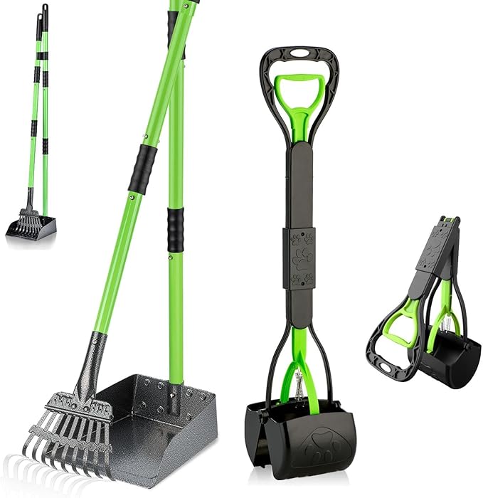 MXF Dog Pooer Scooper Set, 2 in 1 Pet Poop Scooper with Long Handle 28" Dog Poop Picker Upper and Stainless Metal Tray & Rake for Medium & Small Dogs, Heavy Duty for Grass, Dirt, Gravel-Mewly Pet