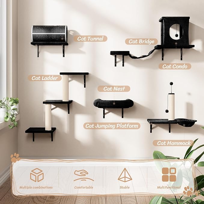 NUNU LAB Wall Mounted Cat Furniture, 7 Pcs Cat Wall Shelves with House, Tunnel, Bridge, Steps, Scratcher, Hammock, Bed, Indoor Safe & Stable Furniture for Kittens Play, Black-Mewly Pet