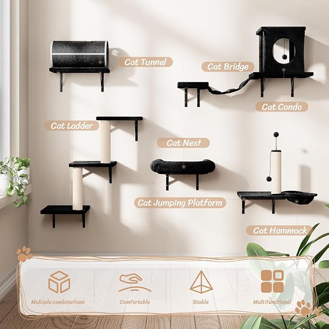 NUNU LAB 7-in-1 Wall Mounted Cat Climber Set, Cat Furniture with House, Tunnel, Bridge, Steps, Scratcher, Hammock, Shelves for Indoor, Black