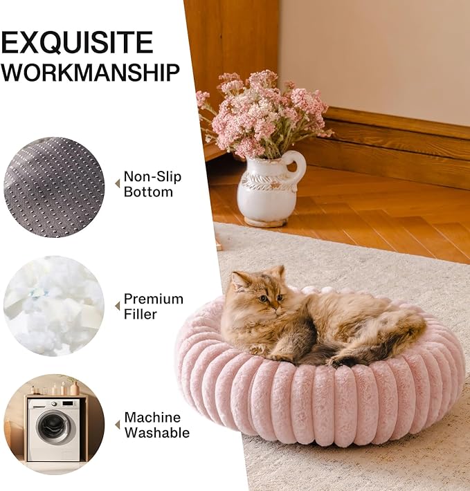 MEWOOFUN Donut Dog Beds for Small Dog, Calming Bed Round Cute Puppy Bed with Non-Slip Bottom, Fluffy Washable Pet Bed for Puppy and Kitten (Pink, M (30x30x8))-Mewly Pet