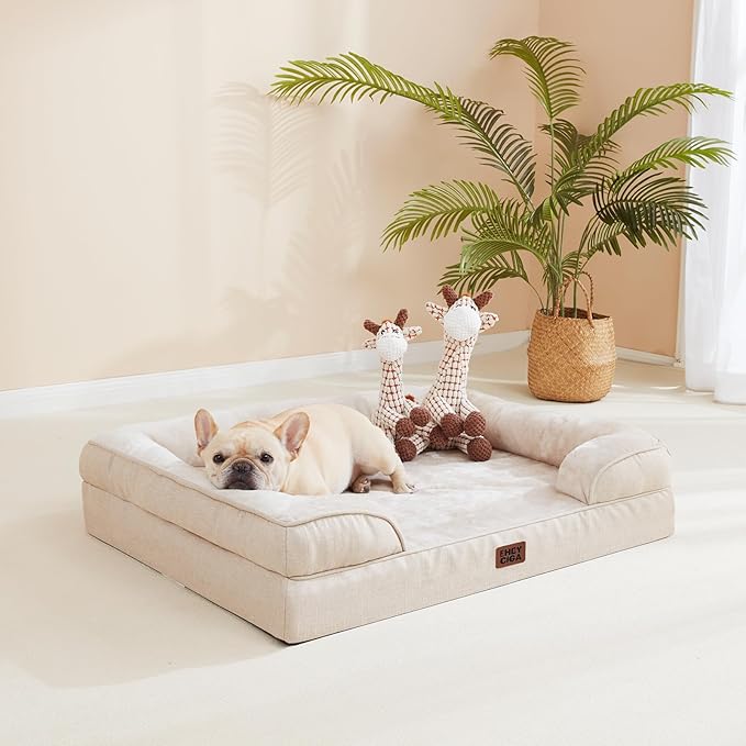 EHEYCIGA Orthopedic XL Dog Beds, Waterproof Memory Foam Dog Bed for Extra Large Dogs, Non-Slip Bottom and Egg-Crate Foam Big Pet Couch Bed with Washable Removable Cover, Beige-Mewly Pet