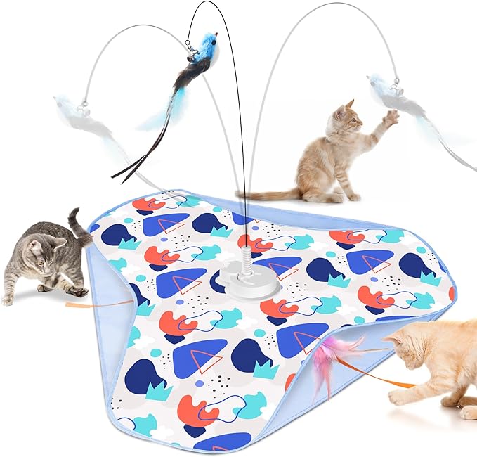 Interactive Cat Toys, Rechargeable Hide and Seek Cat Toys, Durable Stable Base Touch Activated Kitten Toy with Bird Cat Wand, Waving Concealed Feather Exercise Toy for Indoor Bored Cats/Kitten-Mewly Pet