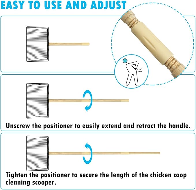 PINVNBY Stainless Steel Chicken Poop Scooper 3 in 1 Adjustable Wooden Handle Poop Scooper for Chicken(18.1" to 42.1")Multifunctional Chicken Coop Cleaning Tools Sifting Shovel Chicken Coop Accessories-Mewly Pet