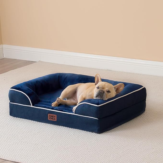 EHEYCIGA Orthopedic Dog Bed for Small Dogs, Waterproof Memory Foam Small Dog Beds with Sides, Non-Slip Bottom and Egg-Crate Foam Medium Pet Couch Bed with Washable Removable Cover, Navy-Mewly Pet