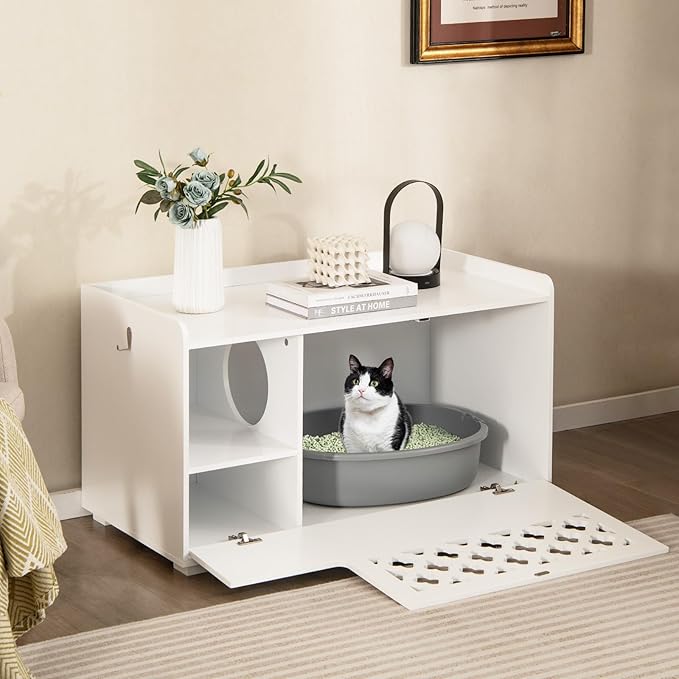 Tangkula Cat Litter Box Enclosure, Hidden Litter Box with Removable Cushion & Flip-Down Opening, Multifunctional Storage Cabinet Bench, Modern Litter Box Furniture Fits Most Litter Box (White)-Mewly Pet