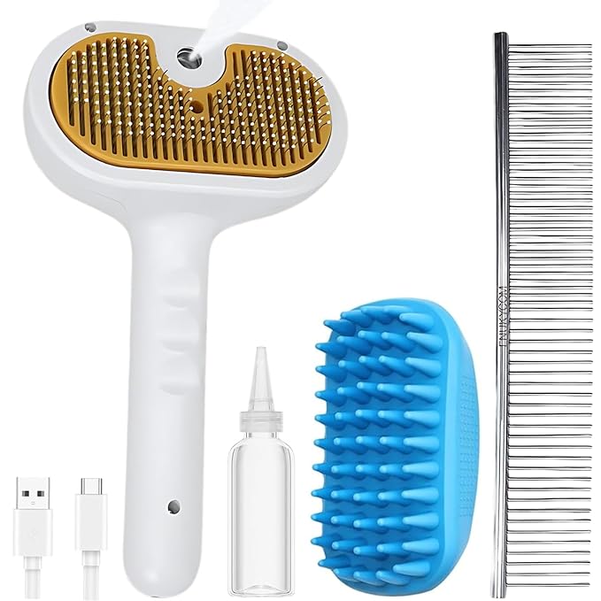 Self Cleaning Steam Brush for Cat Dog, 4 in 1 Pet Brushes for Shedding & Grooming, Bath Massage & Water/Mist Slicker Brush for Long Haired Cats & Dogs- Pet Grooming Brushes with Spray for Cats-Mewly Pet