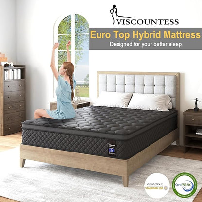 Queen Mattress, Hybrid Mattresses 10 Inch Euro Top Medium Firm for Back & Lumbar Support, 100 Night Trial, Individual Pocket Spring Bed for Motion Isolation & Pressure Relief Black