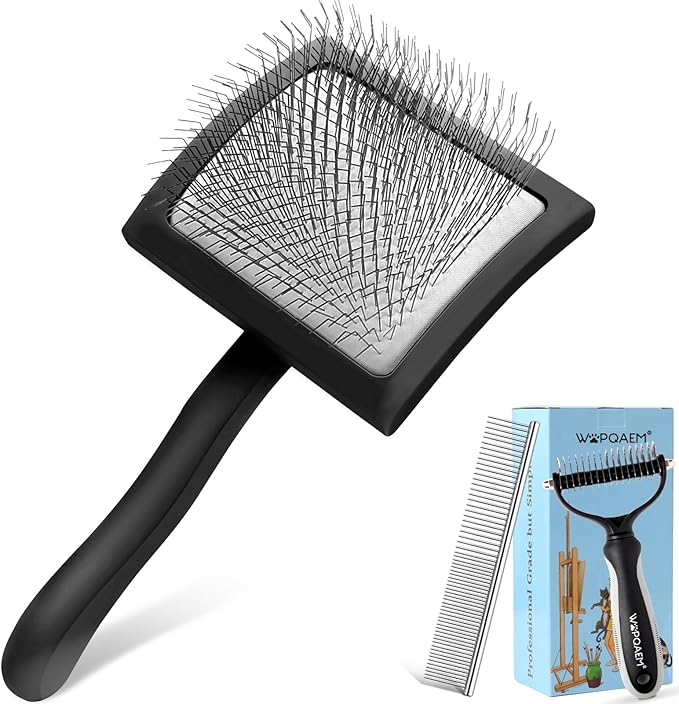 Slicker Brush for Dogs, Long Pin Dog Grooming Brush for Goldendoodles, Poodles, Doodles, Includes Pet Comb & Undercoat Rake, Perfect for De-Shedding, Dematting & Reducing Tangles. Large, Black-Mewly Pet