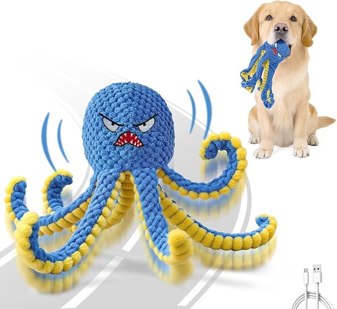 Interactive Dog Toys Octopus,Durable Automatic Jumping Dog Toy to Keep Them Busy,Squeaky Moving Tug of War Doggie Toy,USB Rechargeable Puppy Toys (Blue)-Mewly Pet