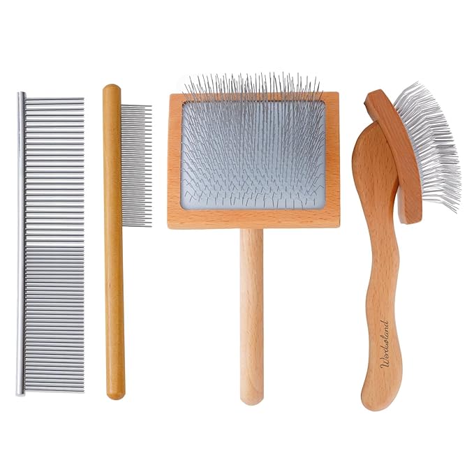 Ergonomic Slicker Brush for Long-Haired Dogs - Wooden Handle, Long Pins for Grooming Goldendoodles-Mewly Pet