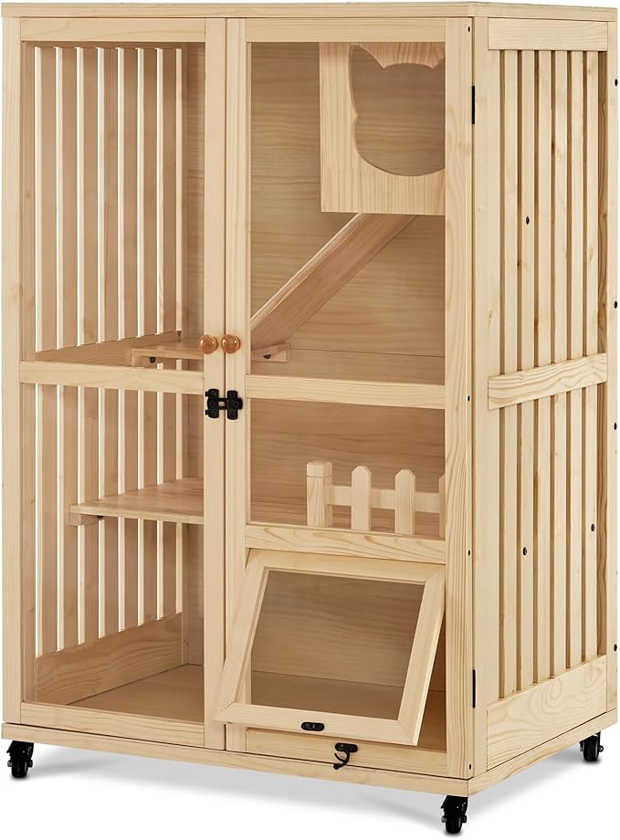 MCombo Wooden Cat Houses for Indoor Cats, Luxury Kitten House with Scratching Pad, Lockable Doors, Wheels, CT090-Mewly Pet