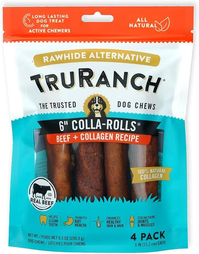 Collagen Rolls - 6" Collagen Rolls for Dogs - Long Lasting Healthy Joint Support Dog Treat - Rawhide Alternative - Skin & Coat Health - Made with Real Beef, 1 Bag, 4 Count-Mewly Pet