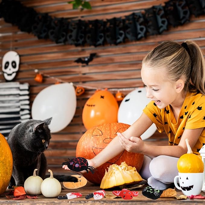 LOMIMOS 6Pcs Halloween Catnip Toys,Cat Toys Chew Bite Plush Toy with Crinkle Paper Kitten Pumpkin Spider Bat Knife for Indoor Interactive Play & Exercise-Mewly Pet