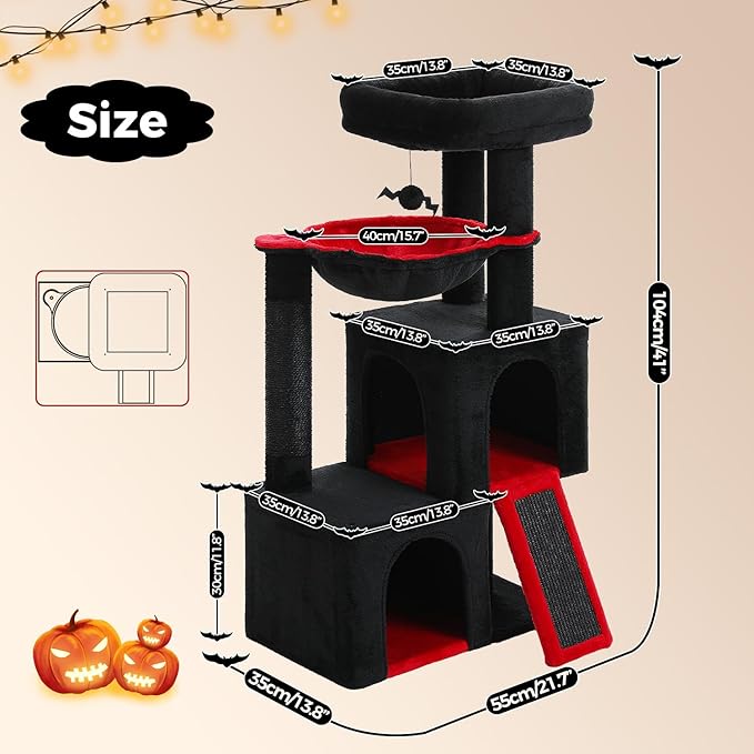 PAWZ Road Large Cat Tree, 41 Inches Gothic Cat Tower with 2 Spacious Condos for Indoor Cats, Large Black Cat House with Comfy Hammock, Padded Perch, Scratching Pad and Replaceable Balls-Black-Mewly Pet