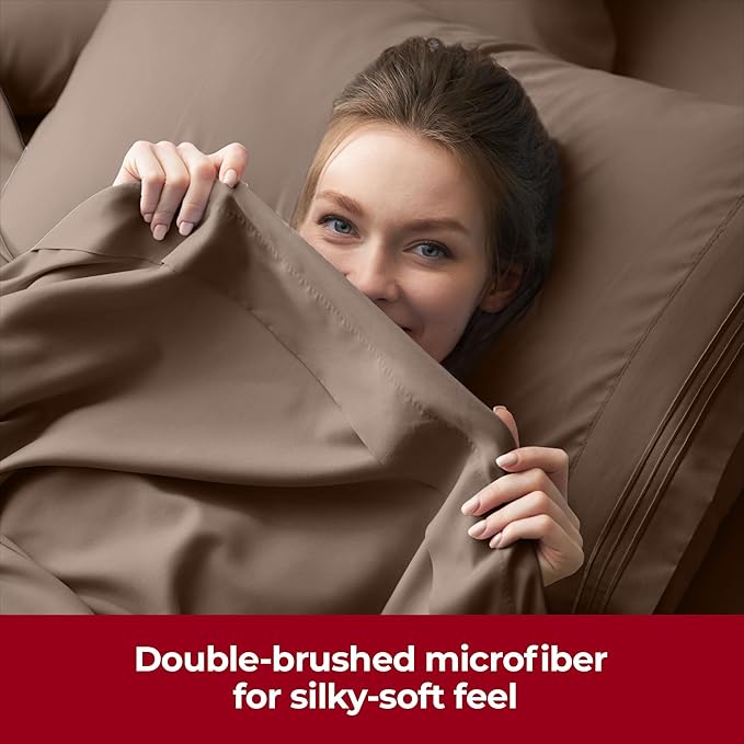 Mellanni Extra Deep Split King Sheets - 5 PC Iconic Collection Bedding - Hotel Luxury, Ultra Soft, Cooling Bed Sheets - Wrinkle, Fade, Stain Resistant (Split King, Brown)
