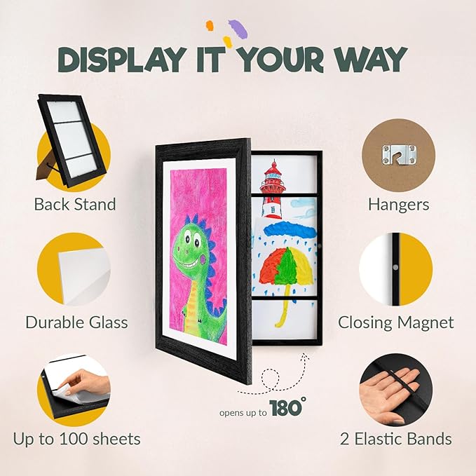 Zenacolor Kids Artwork Frames Changeable - Front-Opening to Display & Store 100 pcs - Set of 2 Kids Art Frame Includes Wall Hooks & Stand - 10x12.5cm - Black