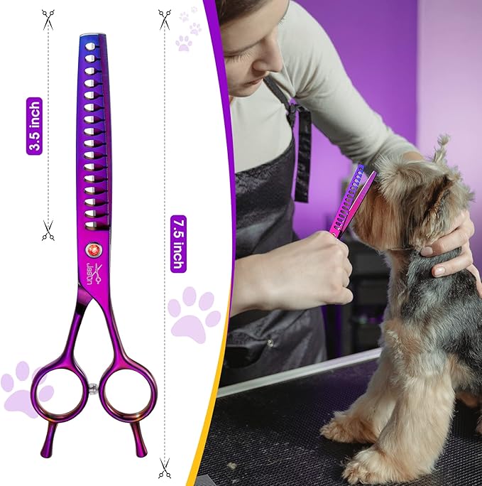 JASON 7.5" Dog Grooming Scissor - Professional Chunker Shear with Ergonomic Handle Japanese Stainless Steel Hair Scissor for Dogs, Cats and Other Pets, Sharp (Chunker, Purple)-Mewly Pet