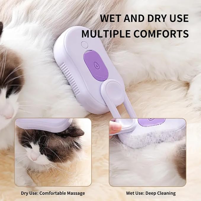 4 in 1 Cat Steam Brush Rechargeable pet spray comb Steam Brush for Cats and Dogs, Massage, Cleaning, Shedding & Combing Multifunctional Hair Removal Anti Static Grooming Tool for home (Purple)-Mewly Pet