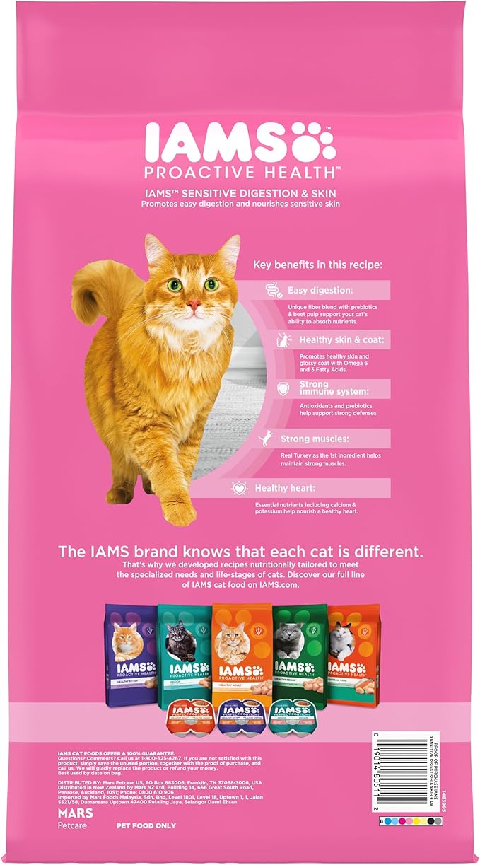 IAMS Proactive Health Adult Sensitive Digestion & Skin Dry Cat Food with Turkey, 6 lb. Bag-Mewly Pet