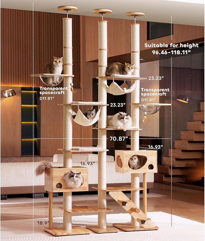 Wood Cat Tree for Indoor Cats, Modern Cat Tower, Unique Cat Condo with House, Tall Luxury Furniture with Heavy Duty Wide Base, Kraft Paper Rope Scratching Post, Removable Cushion (96.5-118.1 inch)-Mewly Pet
