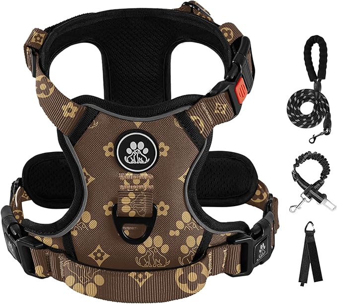 IVY&LANE No Pull Dog Harness with Leash Set, Reflective No Choke Pet Vest,Adjustable Oxford Dog Vest Harness with Easy Control Handle for Small Dogs (Dark Brown,S)-Mewly Pet