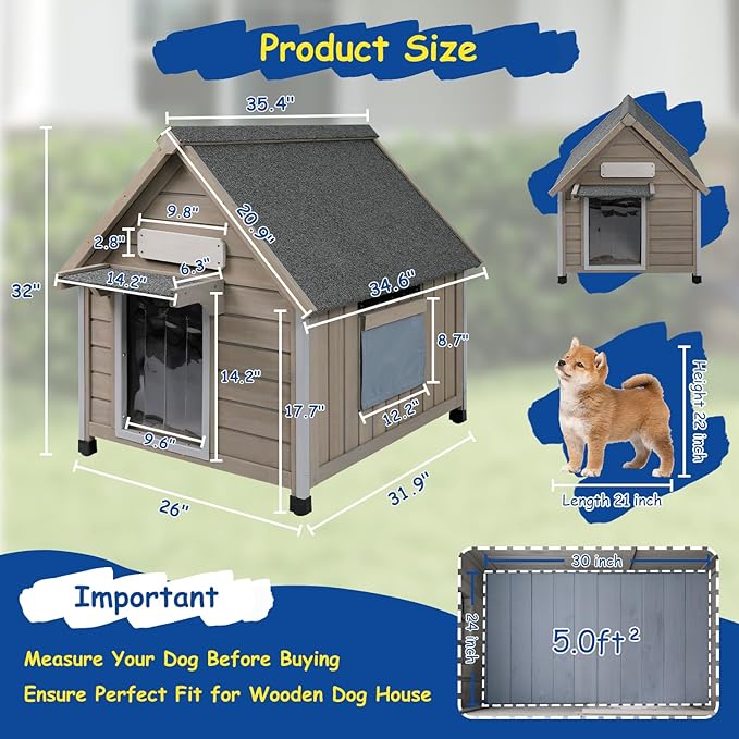 Outdoor Dog House Waterproof for Medium Small Dogs with Anti-Chewing Iron Frame, Adjustable Vent Window, Indoor & Outdoor Doghouse Kennel Puppy Shelter, Easy Clean and Assemble (26" L*31.9" W*32" H)-Mewly Pet