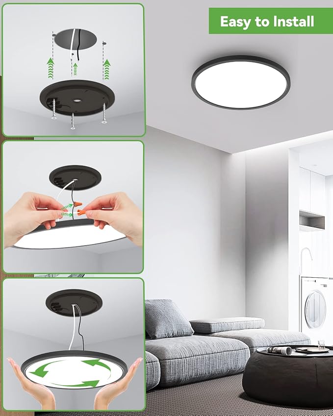 zemty 4Pack 12 Inch LED Ceiling Light Flush Mount, 28W 3200lm Super Slim Flush Mount Ceiling Light Fixtures, 3000K/4500K/6000K Selectable Ceiling Lamp for Bedroom Bathroom Kitchen Living Room (Black)